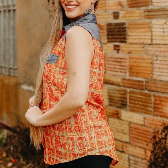 Round em Up! Lasso Top Chambray Demin Fall Orange Blue - Picture 2 of 4